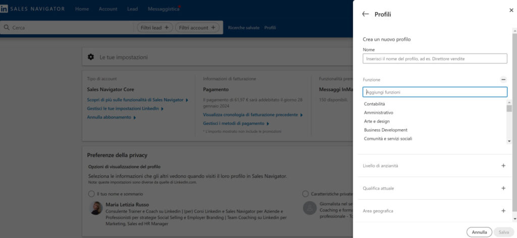 Cos'è la funzione profili di Sales Navigator