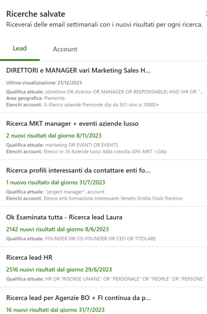 Ricerche salvate di lead Sales Navigator nuova visualizzazione