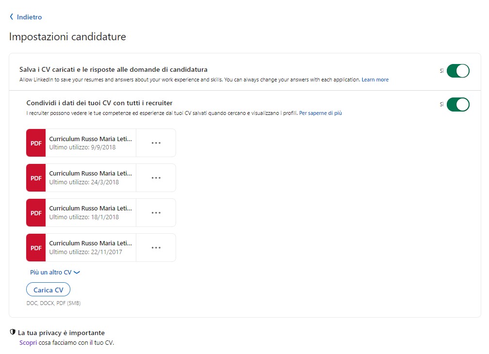Impostazioni Candidatura CV caricati - Come inserire il proprio curriculum su LinkedIn